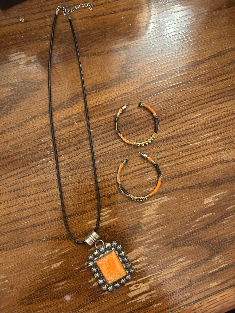 Orange Stone Pendant Necklace and Hoop Earring Set